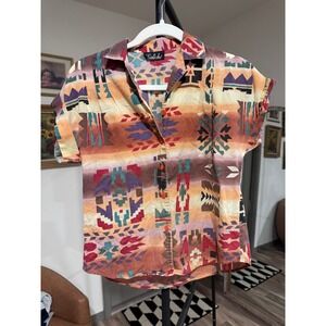 Caliche Southwestern Geometric Print Short Sleeve Button Up Shirt Women small y2